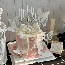 唯美银色烛台蛋糕装饰摆件薄纱铁丝幻彩蝴蝶女神生日派对烘焙装扮