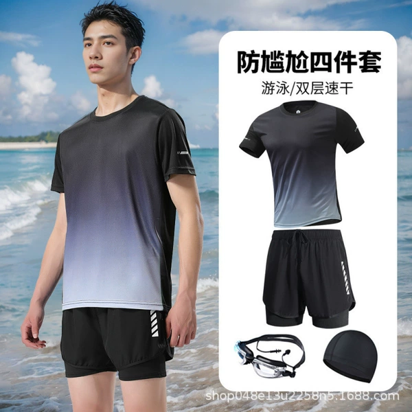 Black trousers, swimming cap, with short sleeve