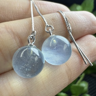 Natural Aquamarine Round Bead Ear Wire, S925 Silver Inlaid