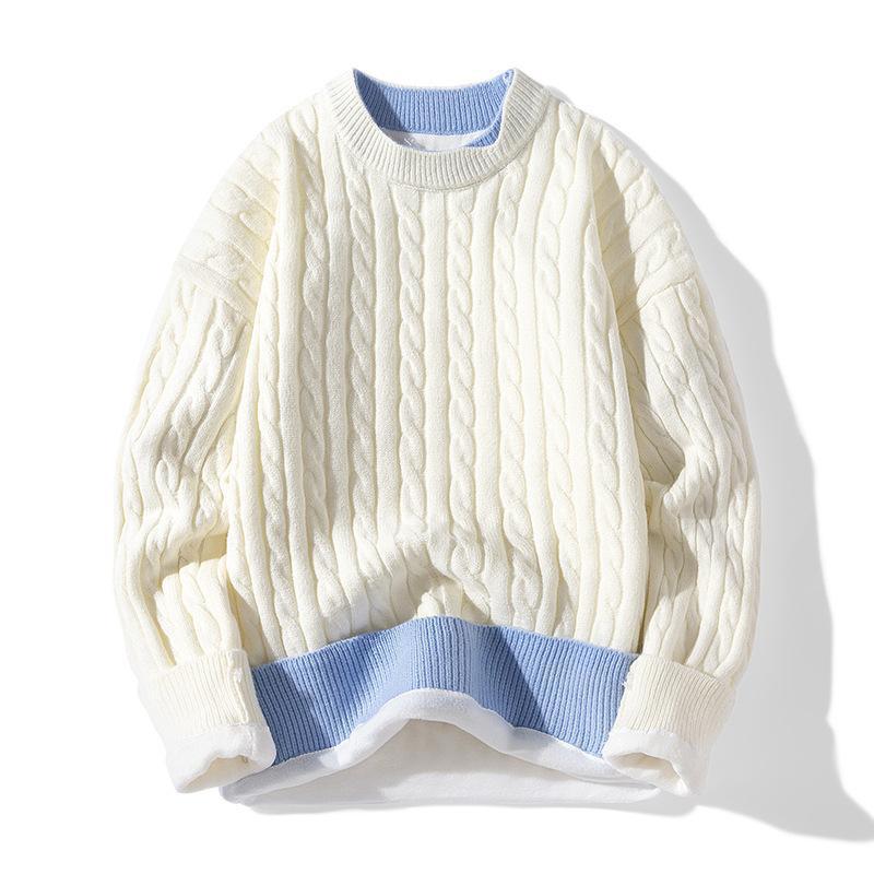 Al por mayor transfronterizo falso suéter de dos piezas para hombres más vello grueso calentamiento flor de lino grueso manga larga camiseta de punto ocio ancho