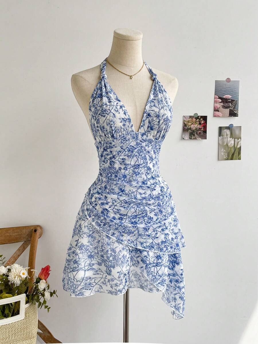 Blue Floral Mesh Dress Fashionable Elegant Casual Slim-Fitting Women's Clothing/Dress_ecoleips.com