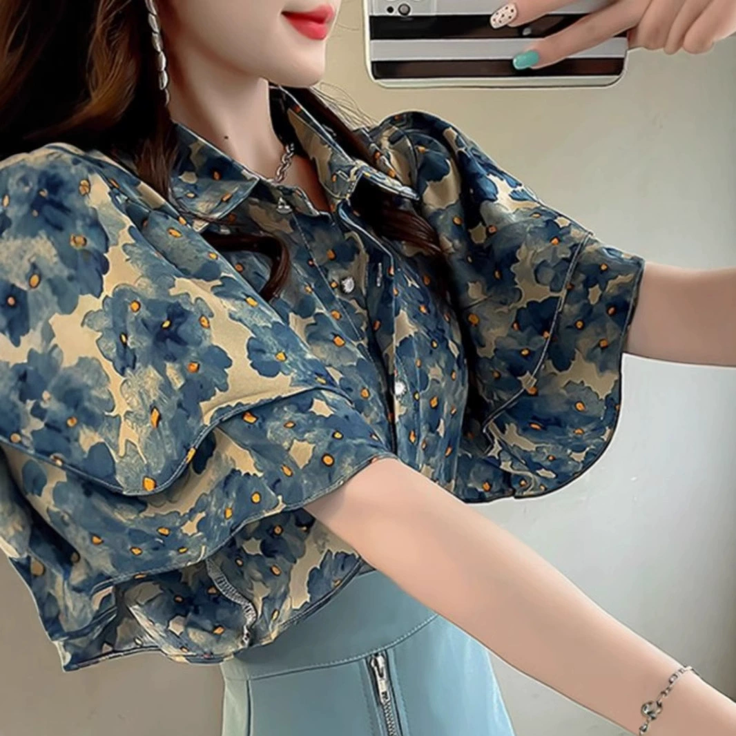 Дизайнерская шифоновая рубашка с короткими рукавами из листьев лотоса