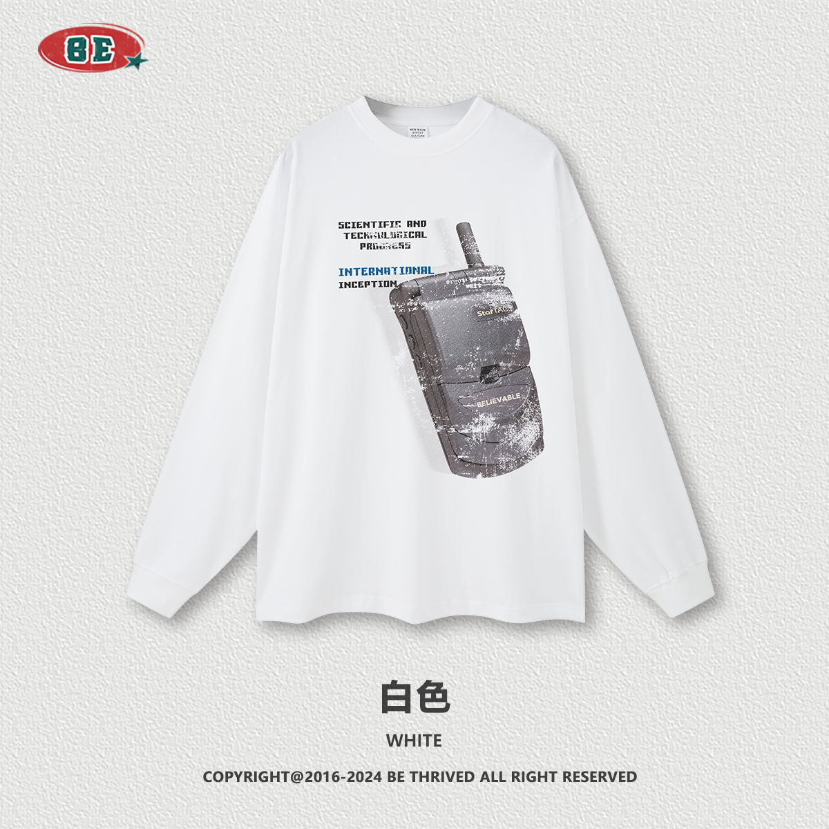 Ropa para hombre BE | Camiseta de manga larga para hombre, estilo retro americano holgado, con estampado de teléfono móvil, cuello redondo, de marca moderna, talla grande, otoño 2025.