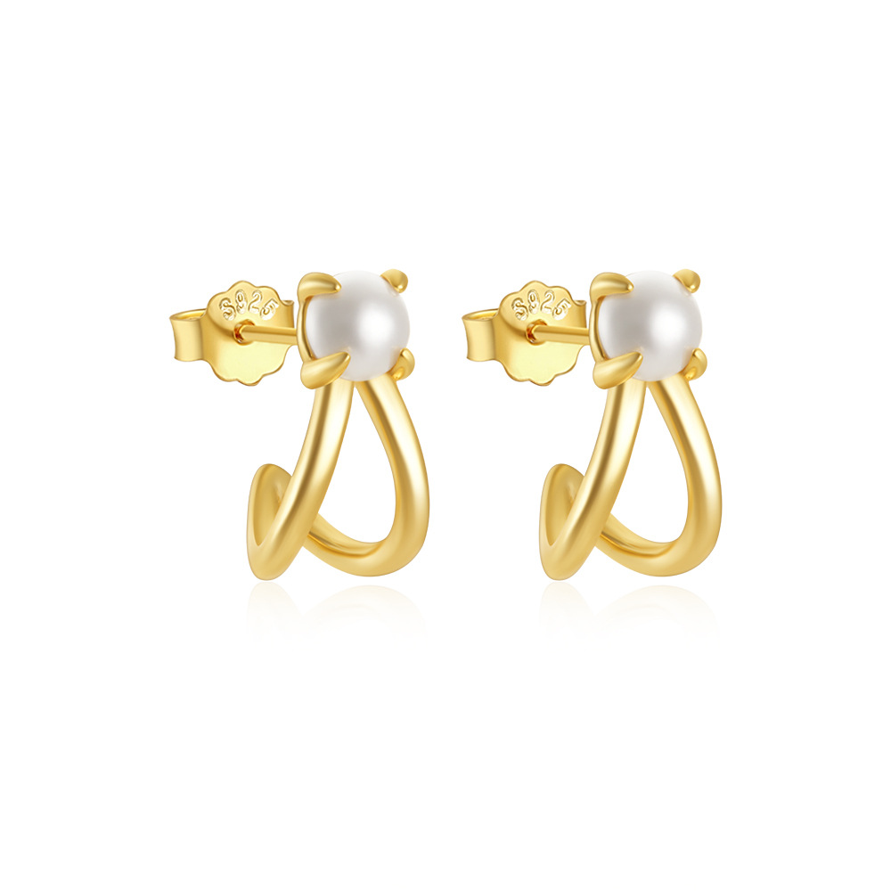 Plating Design 1 Pair 925 Sterling Silver Pearl Zircon Geometric Ear Studs