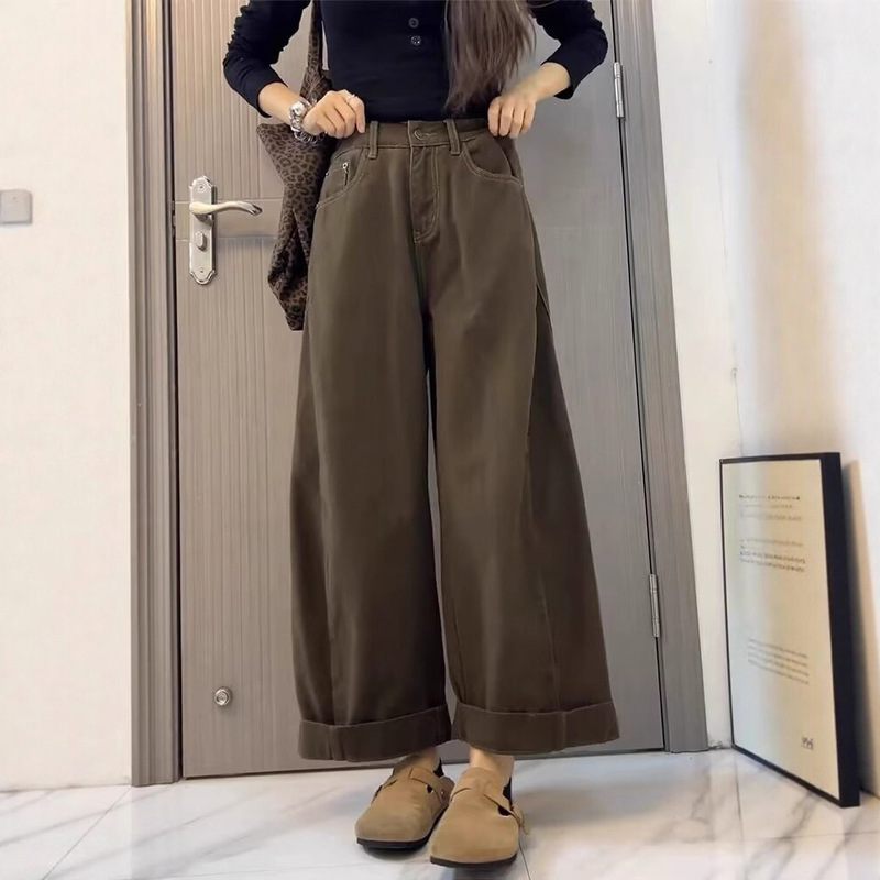 Wide-Leg Jeans for Women, Fleece-Lined and Thickened, Suitable for Pear-Shaped Body, Thick Legs, Wide Hips, Loose Fit, Versatile Niche Trendy