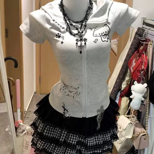 2025 homemade Japanese hot girl short-sleeved women's slim shoulder T-shirt summer subculture all-matching house coat top
