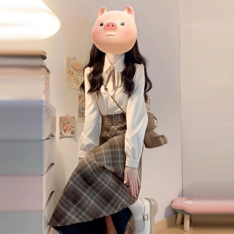 韩系长袖连衣裙子秋冬季新款女装小个子甜美格子半身裙衬衫套装女|undefined
