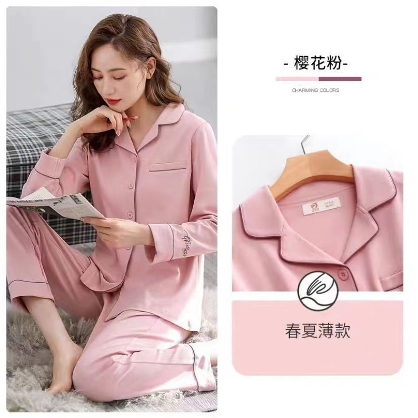 100% pijamas de algodón de las mujeres Primavera y otoño de manga larga delgada Chaqueta de punto traje de primavera y verano suelta más tamaño de la madre ropa de algodón para el hogar