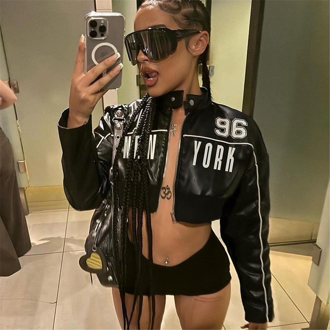 Women's Slim Fit Short Zip up Leather Jacket Autumn Fashion Print Patchwork Outerwear_ecoleips.com