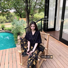 冰丝国风碎花阔腿裤女夏季睡裤休闲长裤抖抖海边沙滩度假遛弯裤子