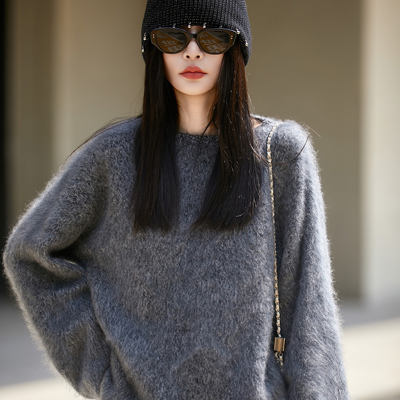 法式无缝花纱拉绒羊毛衫女宽松慵懒毛衣2025秋冬打底衫女装上衣|undefined