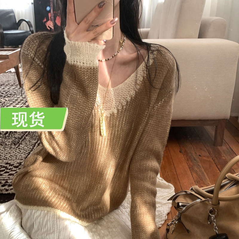 Ouyang's'Wilderness Caramel' Is a Hit! Artistic Color-Blocking Wool V-Neck Hollow-Out Color-Block Knit Sweater Ouyang's'Wilderness Caramel' Is a Hit! Artistic Color-Blocking Wool V-Neck Hollow-Out Color-Block Knit Sweater