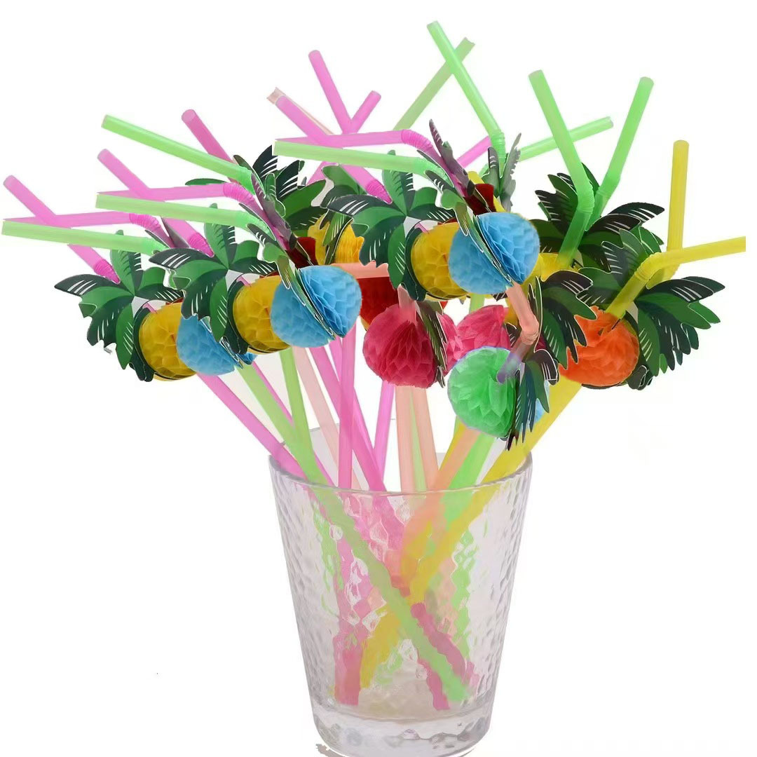 Desechable Hawaiano pequeño paraguas paja Flamingo piña cóctel paja jugo beber paja artesanía