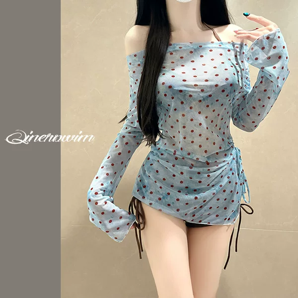 Women's Three-Piece Swimsuit Set with Long Sleeves, Polka Dots, Underwire, Slimming, Figure-Flattering, Suitable for Hot Springs, Professional Wholesale