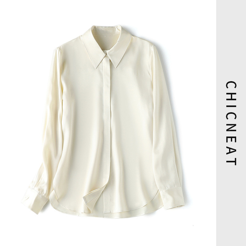 High Quality Old Money Style 25mm Sand Wash Heavy Satin Silk Shirt Women's New Solid Color Shirt Long Sleeve Silk Top