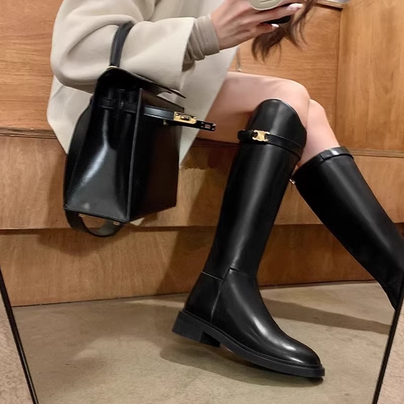 ブーツの女性2024の新しい秋冬レトロなフランスの太さと高筒の騎士靴のブラウンカレーの色は膝の長いブーツを超えません。