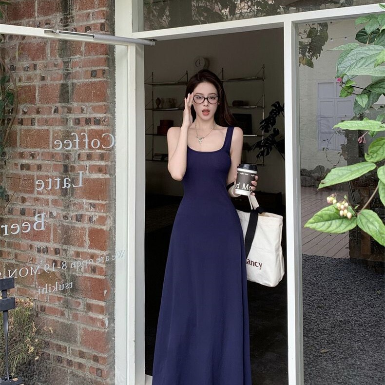Summer New Style Blue Spaghetti Strap Dress, Waist-Cinching Slimming Long Dress, Bodycon Elegant Flared Dress Summer New Style Blue Spaghetti Strap Dress, Waist-Cinching Slimming Long Dress, Bodycon Elegant Flared Dress