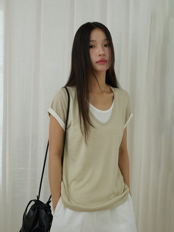 【OVVAN】柔らかく快適なテンセルコントラストカール袖フェイクツーピースTシャツ夏着痩せ半袖トップス3014|undefined