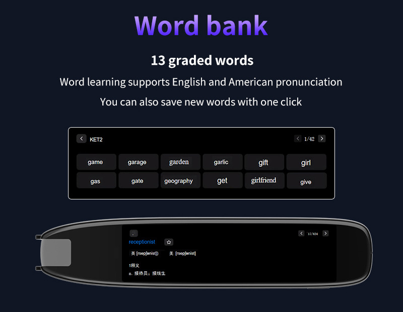 The international version of the scanning translation pen features precise offline translation in multiple languages including Chinese, English, German, French, Japanese, Korean, Cantonese and traditional Chinese undefined