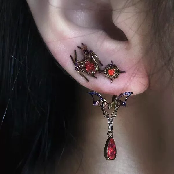 Fashion Dark Asymmetric Bat Spider Earrings Niche Personality Red Drop Pendant Earrings Halloween Gift