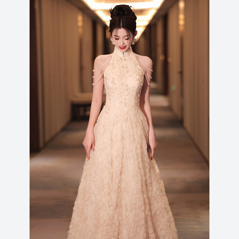 Chinese-Style Modified Qipao for Women, Champagne Pink Floral Halter Neck Engagement Evening Dress, Wedding Banquet Long Formal Gown Chinese-Style Modified Qipao for Women, Champagne Pink Floral Halter Neck Engagement Evening Dress, Wedding Banquet Long Formal Gown