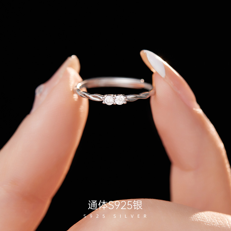 925純銀麻花鋯石戒指女時尚ins簡約細圈單戒指環食指戒開口可調節