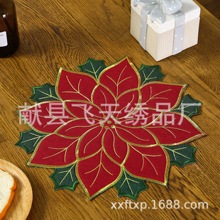 Cross-border Hot Sale Christmas Holly Leaf Red Fruit Placemat Limited Edition Red with Green Heat Insulation Mat Decorative Plate Mat St.