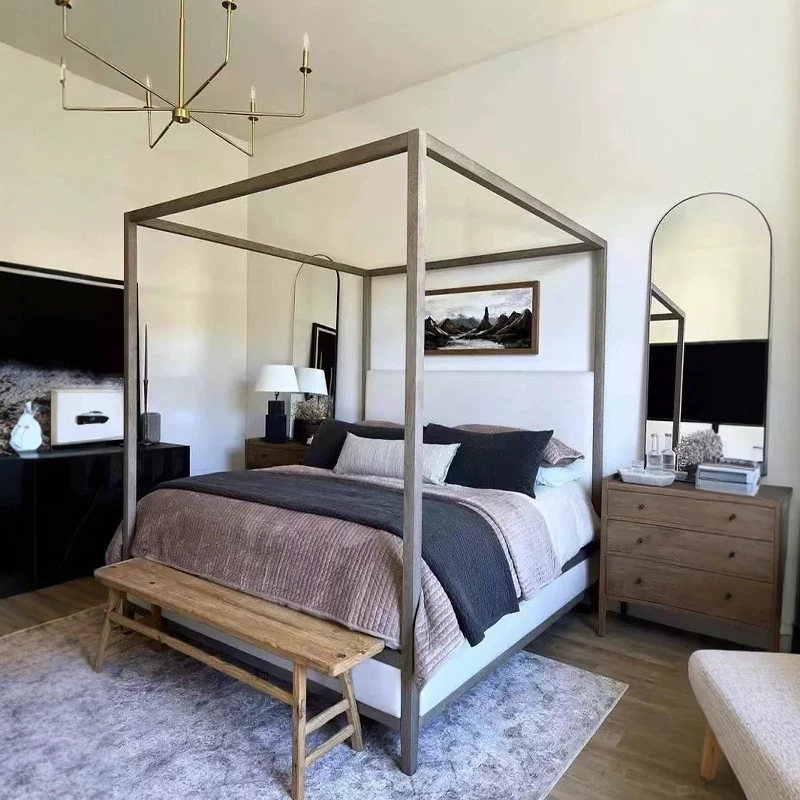 Американская кровать с каркасом из цельного дерева, кровать с четырьмя стойками, ретро съемная москитная сетка, кровать из цельного дерева, двуспальная кровать для отеля B&B, спальня