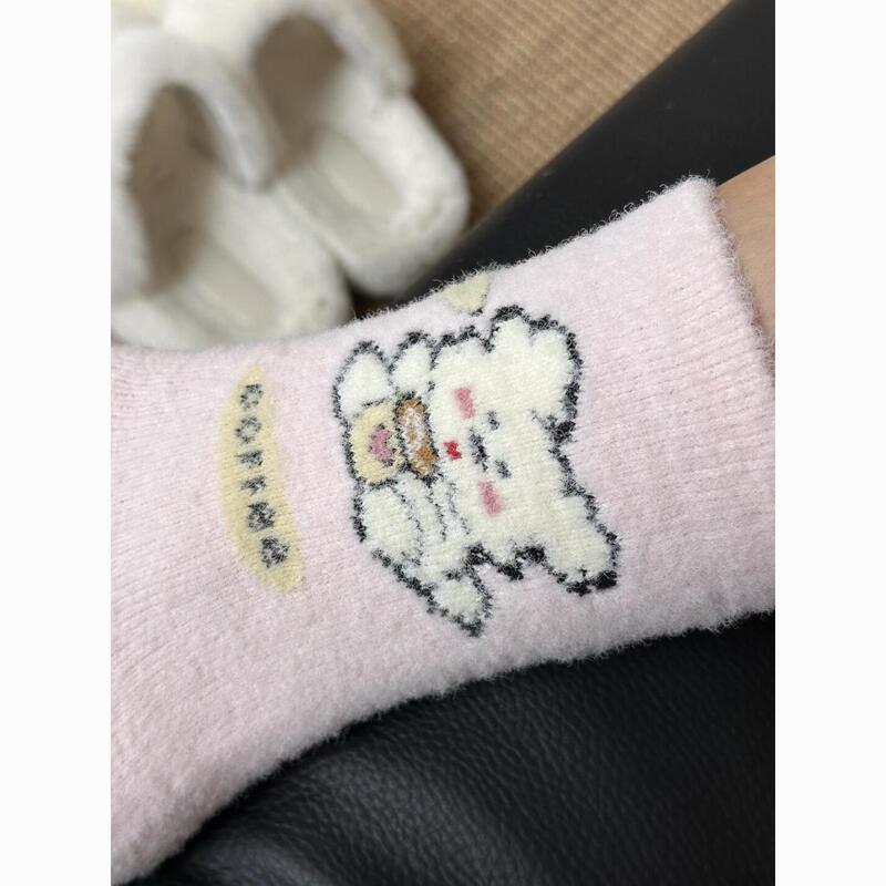 粉色卡通可爱小狗袜子女冬季加厚加绒保暖防寒中筒袜居家地板袜子|undefined