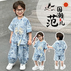 新型子供国風セット夏の赤ちゃん唐装漢服半袖九分ズボン二点セット古風カジュアル夏服