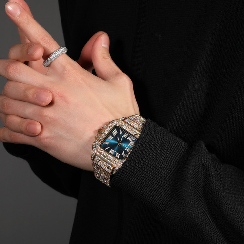 European and American hip-hop Roman scale quartz watch, fashionable full diamond square dial men's watch cross-border supply