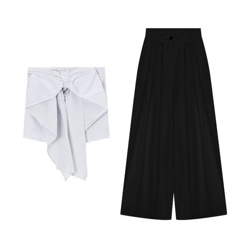 Elegant Style Set for Women - Uncommon Striped Bustier Blouse Top and High-Waisted Wide-Leg Casual Pants Two-Piece Set