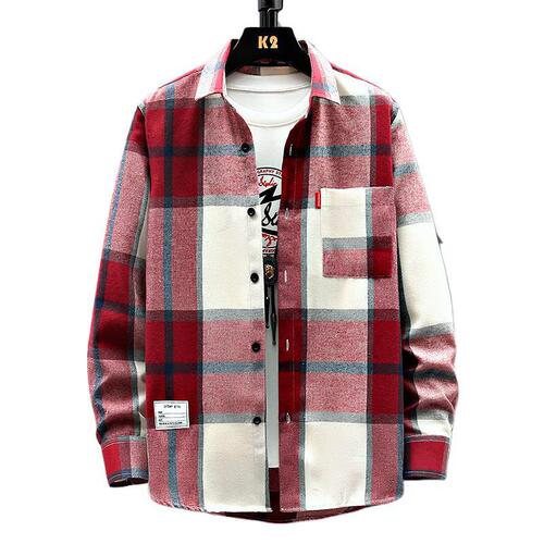 Red Grid Shirt Men's Long Sleeve Loose Casual Collar Shirt Korean Style Trendy Cool Workwear Short Sleeve Outerwear Spring