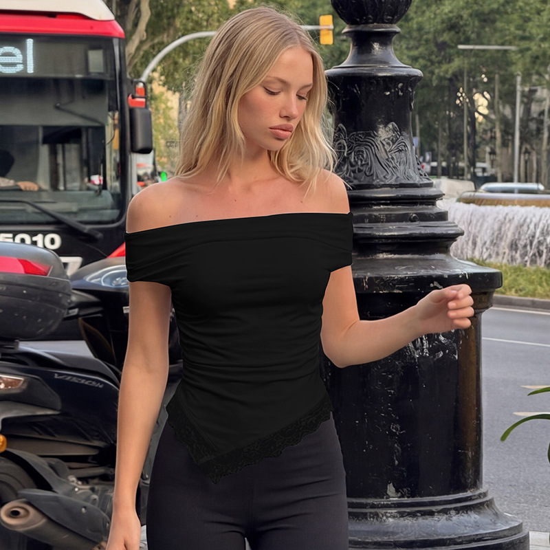 Women's 2026 Summer New Sexy Spice Girl Shoulder Lace Solid Color T-Shirt Top_ecoleips.com