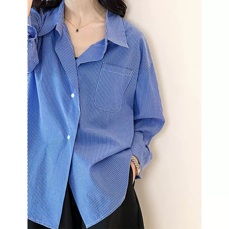 橘芷2025早秋蓝色条纹衬衫女款韩系气质宽松设计感高级上衣1584