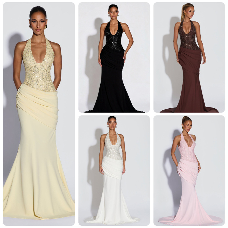 2026 New Style Halter Deep V-Neck Sequin Dress with Luxurious Pleats, Waist-Cinching, Bodycon, and Long Train Evening Gown 2026 New Style Halter Deep V-Neck Sequin Dress with Luxurious Pleats, Waist-Cinching, Bodycon, and Long Train Evening Gown