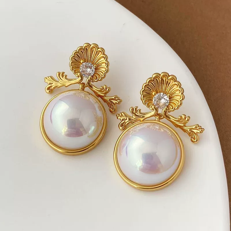 Retro brand earrings from pearl, silver 925 sample, french style, high-quality style