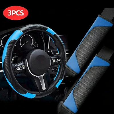 Elastic car steering wheel cover without inner ring, carbon fiber pattern leather, universal for all seasons, cross-border car steering wheel cover wholesale (Steering wheel cover) - blue-three-piece-set-38cm