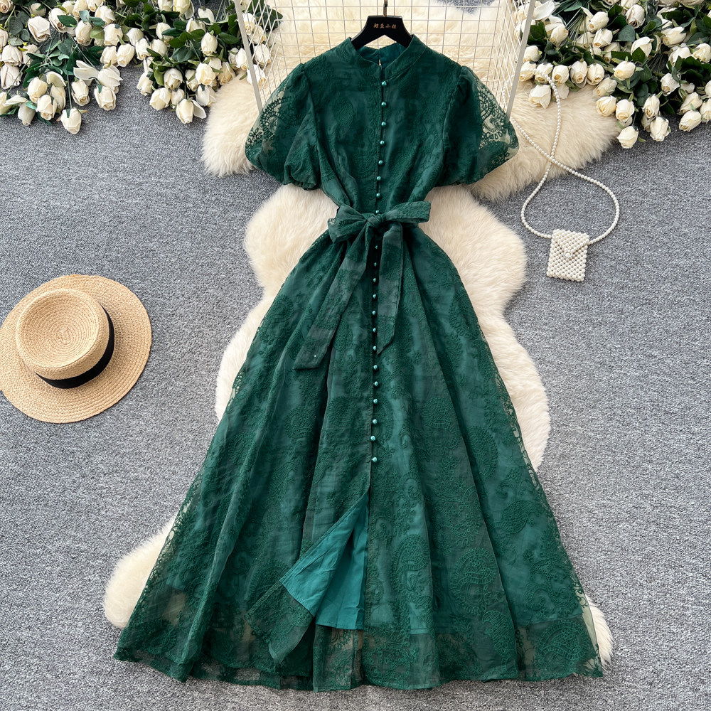 Elegant Lace Embroidered Dress for Women High-Waisted A-Line Skirt Summer Suitable for Commuting And Banquets_ecoleips.com