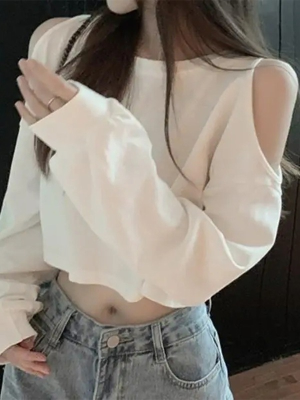 辣妹设计感别致独特露肩短款长袖卫衣女春秋薄款宽松时尚百搭上衣|undefined