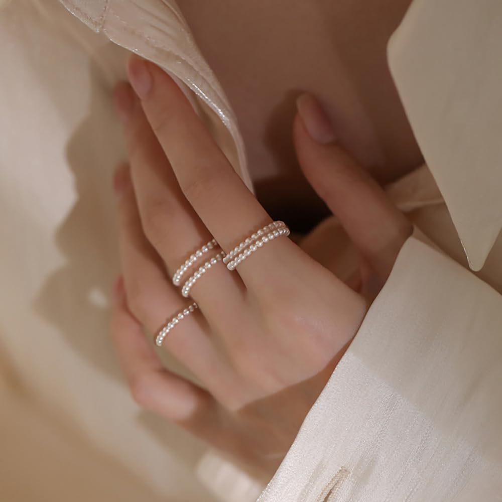Amazon Fashion J Ultra-Fine 3mm Imitation Pearl Ring with a Baroque Pearl Beaded Ring Style, Elegant Ring