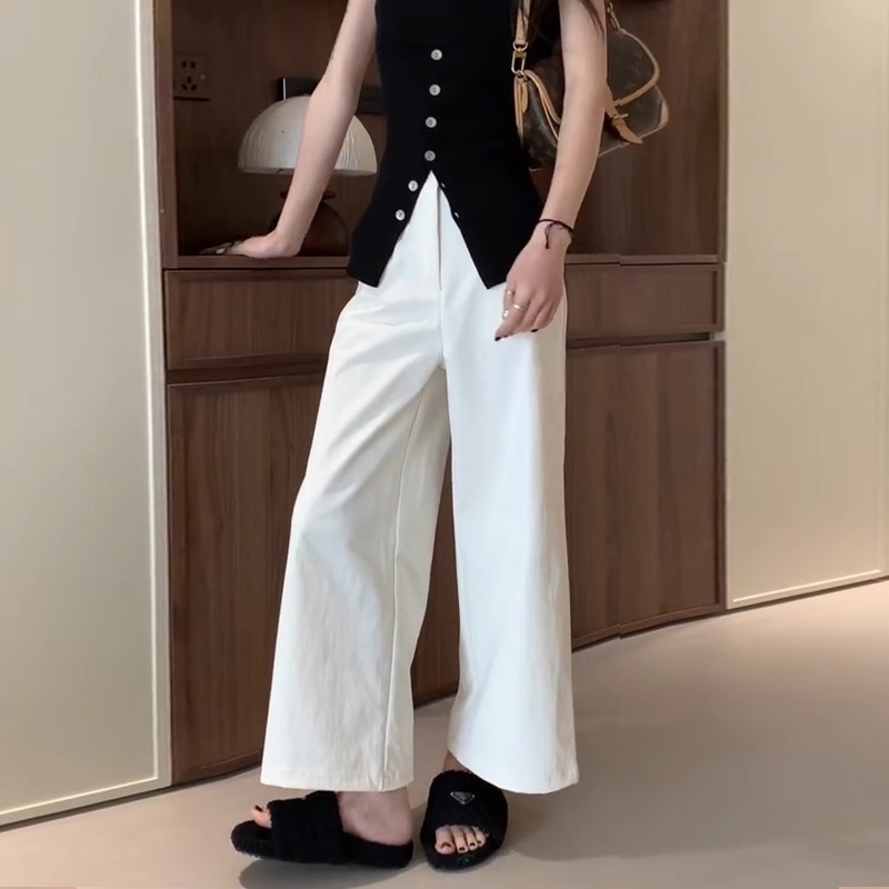 Pantalones anchos de nueve puntos blancos, modelos de primavera y verano para mujer, pantalones de pierna recta casuales de gran tamaño sueltos de cintura alta y holgados de todo fósforo con sentido de la moda