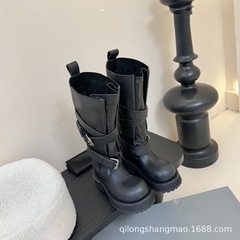高端品质2025秋冬暗黑风真皮圆头复古粗高跟皮带扣高筒骑士靴长靴