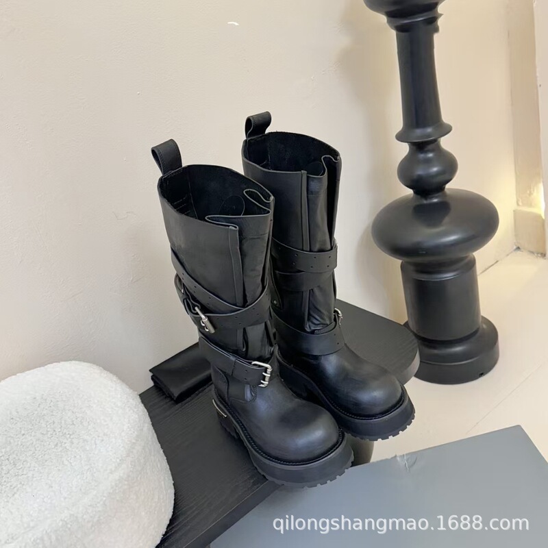 High-End Quality 2025 Autumn and Winter Dark Style Genuine Leather Round Toe Retro Thick High Heel Belt Buckle High Knight Boots Boots