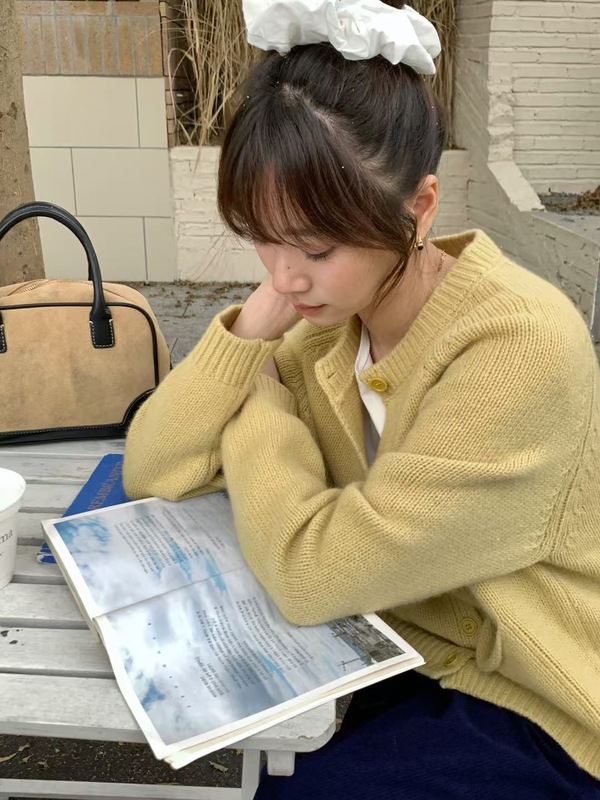 毛衣宽松慵懒女圆领纯色百搭宽松韩系卷边口袋毛衣针织开衫A7024|undefined