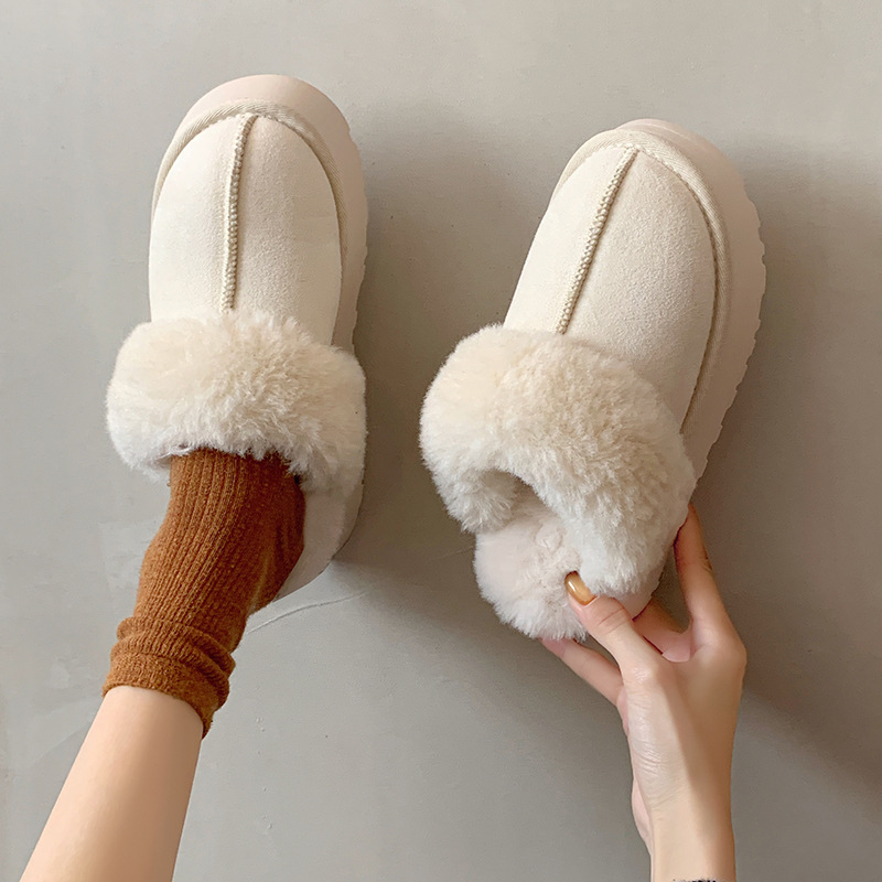 Furry Slippers for Women's Outer Wear, New Autumn and Winter Fur All-In-One Snow Boots, Thick-Soled Plus Velvet Toe-Cap Cotton Slippers