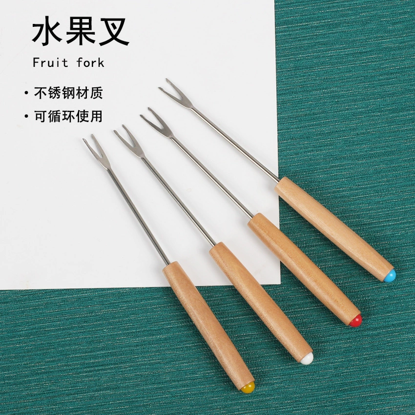 Ins Hanfeng Круглая деревянная колонна Вилка для фруктов из нержавеющей стали Западный стиль Крем Вилка для горячего горшка Вилка для сыра