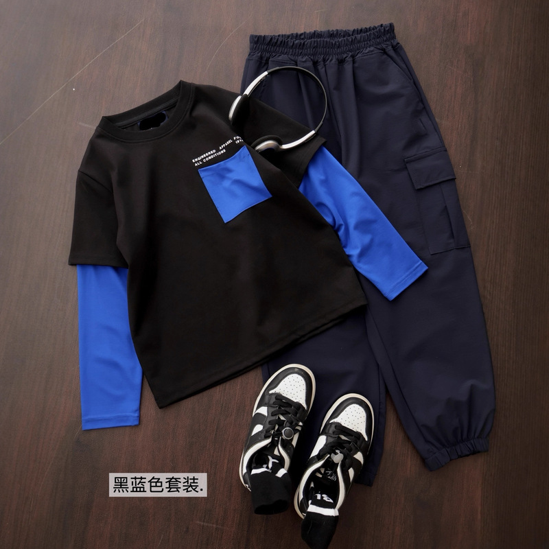 男童秋季假两件套装2025新款女孩儿童衣服洋气宝宝长裤圆领两件套|undefined