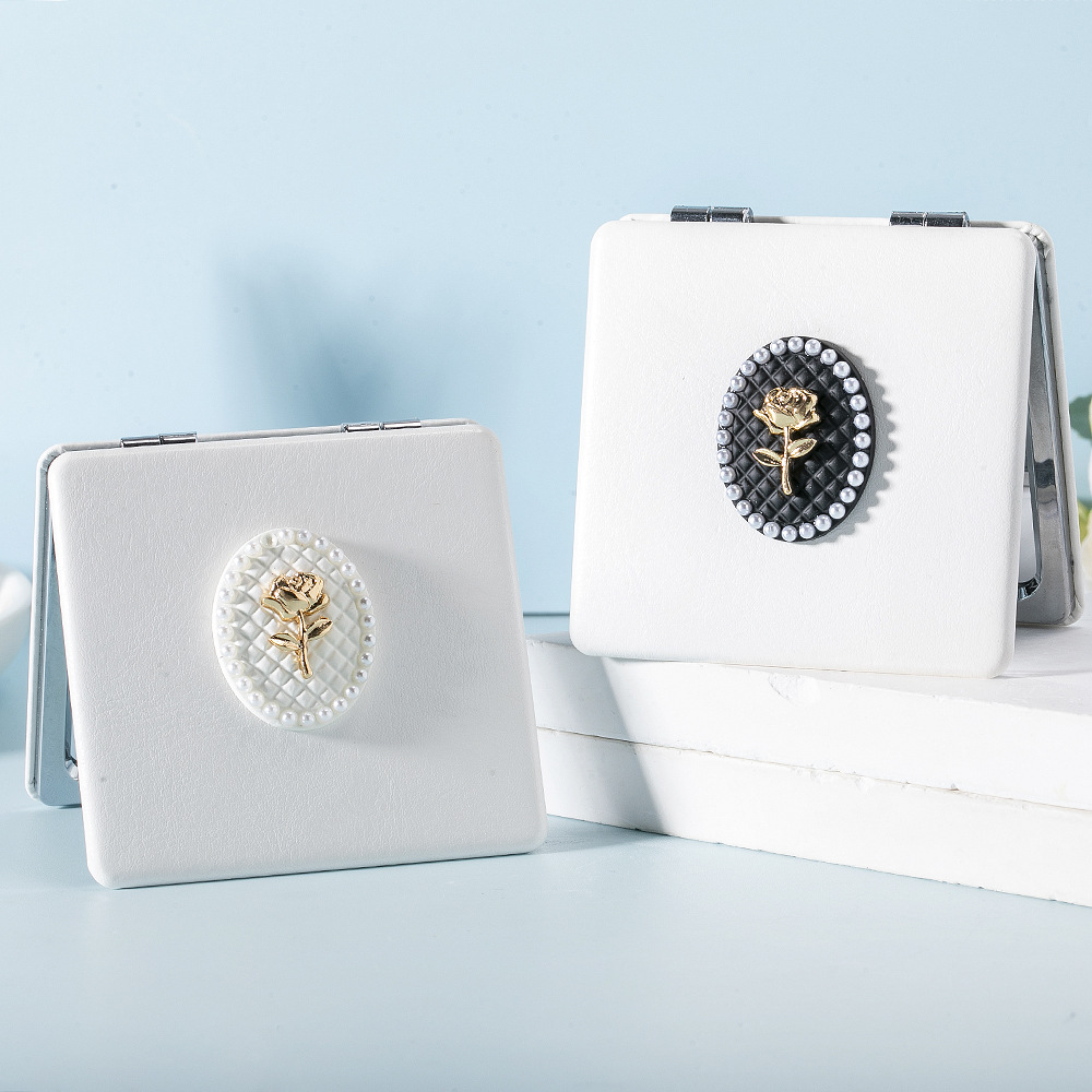 迷你PU皮小镜子补妆镜菱格纹小香风玫瑰花双面折叠便携随身化妆镜