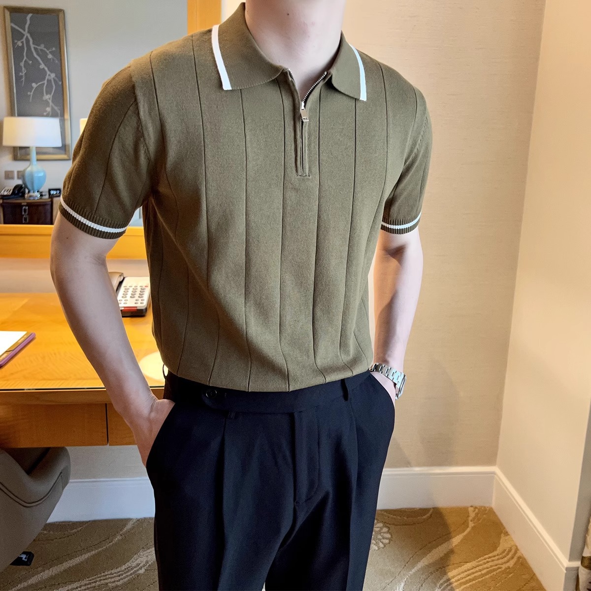 Polo de punto de manga corta para hombre con media cremallera y solapas, de lujo ligero, para negocios, venta al por mayor transfronteriza, de seda helada de secado rápido para verano